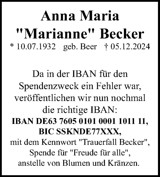 Traueranzeige von Anna Maria Becker von Gesamtausgabe Nürnberger Nachrichten/ Nürnberger Ztg.