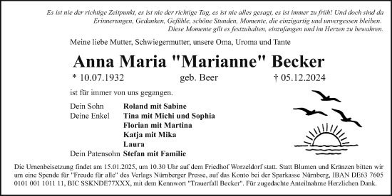 Traueranzeige von Anna Maria Becker von Gesamtausgabe Nürnberger Nachrichten/ Nürnberger Ztg.