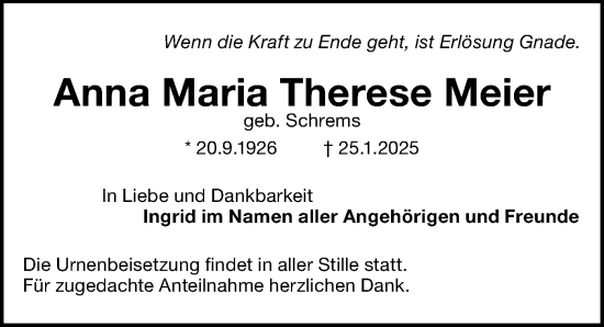 Traueranzeige von Anna Maria Therese Meier von Fürther Nachrichten Lokal