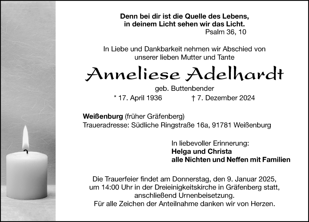  Traueranzeige für Anneliese Adelhardt vom 04.01.2025 aus Nordbayerische Nachrichten Forchheim Lokal