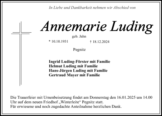Traueranzeige von Annemarie Luding von Nordbayerische Nachrichten Pegnitz Lokal