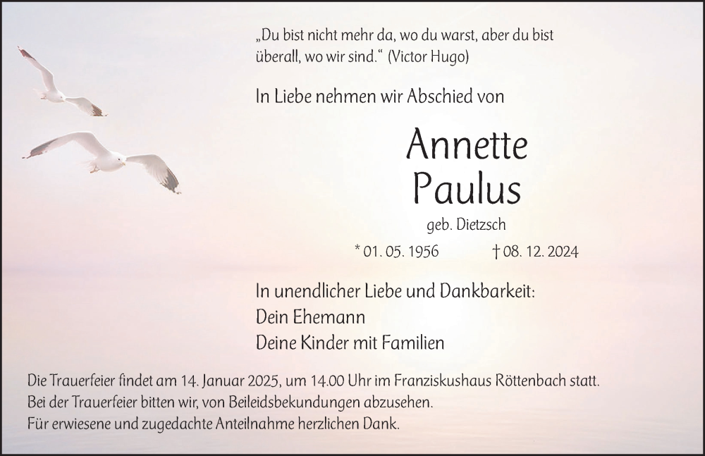  Traueranzeige für Annette Paulus vom 04.01.2025 aus Erlanger Nachrichten Lokal