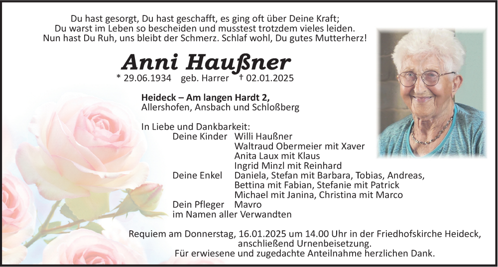  Traueranzeige für Anni Haußner vom 14.01.2025 aus Roth-Hilpoltsteiner Volkszeitung Lokal