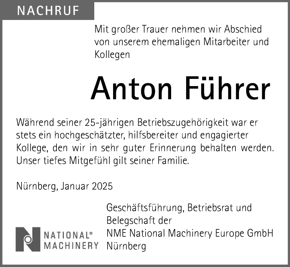 Traueranzeige für Anton Führer vom 18.01.2025 aus Gesamtausgabe Nürnberger Nachrichten/ Nürnberger Ztg.