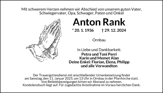 Traueranzeige von Anton Rank von Altmühl-Bote Lokal