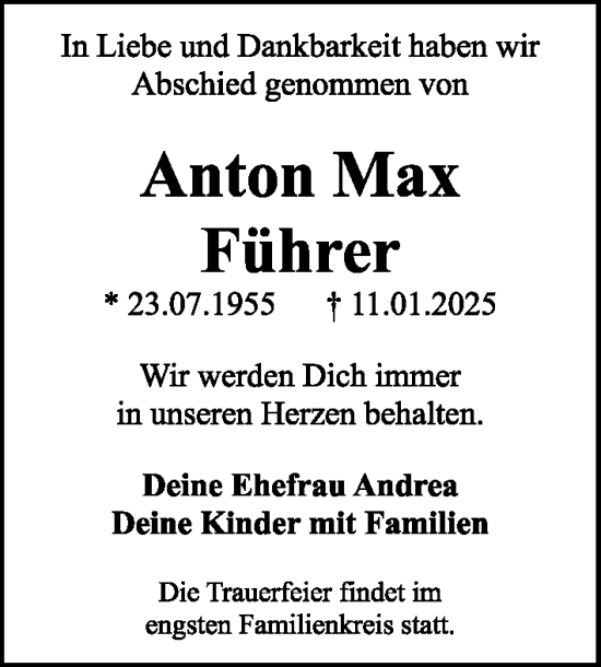 Traueranzeige von Anton Max Führer von Gesamtausgabe Nürnberger Nachrichten/ Nürnberger Ztg.