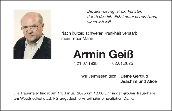 Traueranzeige von Armin Geiß von Gesamtausgabe Nürnberger Nachrichten/ Nürnberger Ztg.