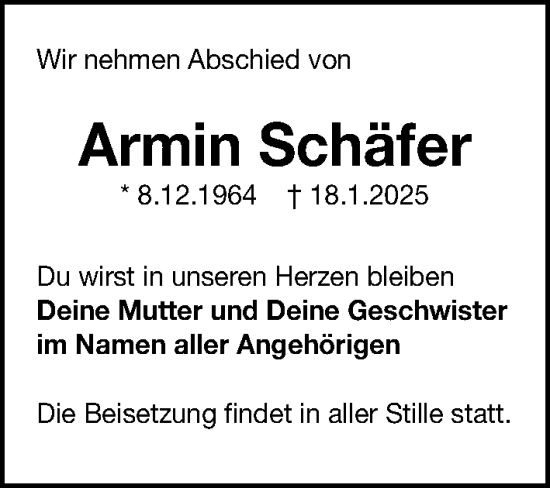 Traueranzeige von Armin Schäfer von Fürther Nachrichten Lokal