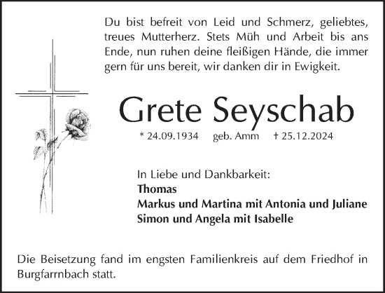 Traueranzeige von Grete Seyschab von Fürther Nachrichten Lokal