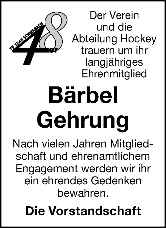 Traueranzeige von Bärbel Gehrung von Schwabacher Tagblatt Lokal