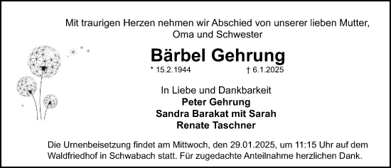 Traueranzeige von Bärbel Gehrung von Schwabacher Tagblatt Lokal