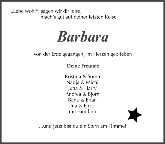 Traueranzeige von Barbara  von Gesamtausgabe Nürnberger Nachrichten/ Nürnberger Ztg.