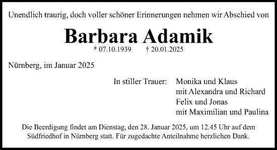 Traueranzeige von Barbara Adamik von Gesamtausgabe Nürnberger Nachrichten/ Nürnberger Ztg.