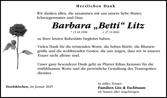 Traueranzeige von Barbara  Litz von Erlanger Nachrichten Lokal