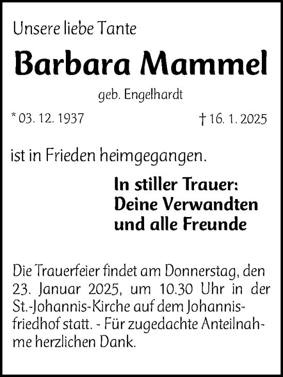 Traueranzeige von Barbara Mammel von Gesamtausgabe Nürnberger Nachrichten/ Nürnberger Ztg.