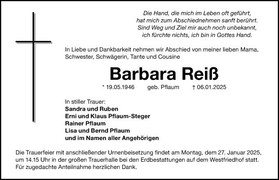 Traueranzeige von Barbara Reiß von Gesamtausgabe Nürnberger Nachrichten/ Nürnberger Ztg.