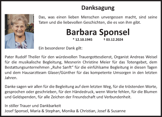 Traueranzeige von Barbara Sponsel von Nordbayerische Nachrichten Forchheim Lokal