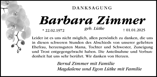 Traueranzeige von Barbara Zimmer von Gesamtausgabe Nürnberger Nachrichten/ Nürnberger Ztg.