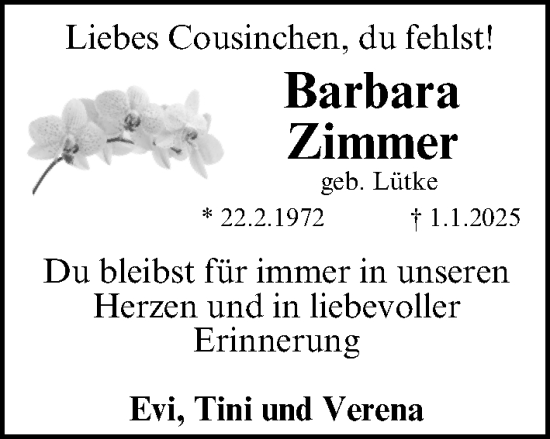 Traueranzeige von Barbara Zimmer von Gesamtausgabe Nürnberger Nachrichten/ Nürnberger Ztg.