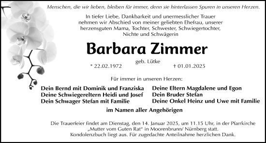 Traueranzeige von Barbara Zimmer von Gesamtausgabe Nürnberger Nachrichten/ Nürnberger Ztg.