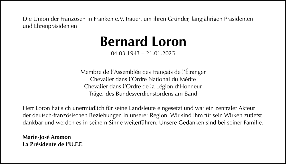  Traueranzeige für Bernard Loron vom 01.02.2025 aus Gesamtausgabe Nürnberger Nachrichten/ Nürnberger Ztg.