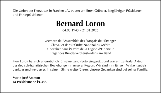 Traueranzeige von Bernard Loron von Gesamtausgabe Nürnberger Nachrichten/ Nürnberger Ztg.
