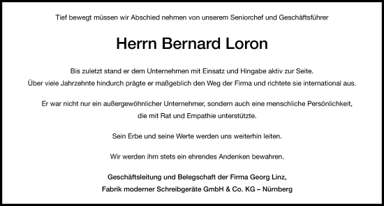 Traueranzeige von Bernard Loron von Gesamtausgabe Nürnberger Nachrichten/ Nürnberger Ztg.