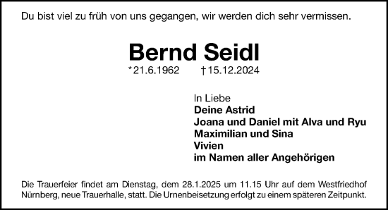Traueranzeige von Bernd Seidl von Gesamtausgabe Nürnberger Nachrichten/ Nürnberger Ztg.