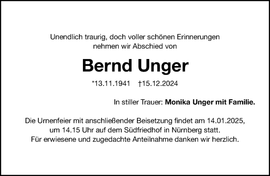 Traueranzeige von Bernd Unger von Gesamtausgabe Nürnberger Nachrichten/ Nürnberger Ztg./ Neumarkter Nachrichten