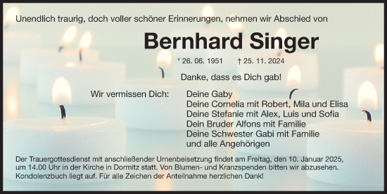 Traueranzeige von Bernhard Singer von Erlanger Nachrichten Lokal