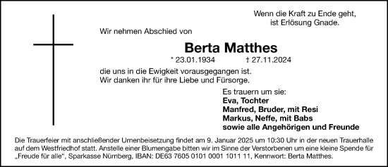 Traueranzeige von Berta Matthes von Gesamtausgabe Nürnberger Nachrichten/ Nürnberger Ztg.