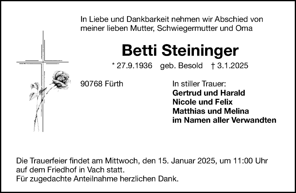  Traueranzeige für Betti Steininger vom 11.01.2025 aus Fürther Nachrichten Lokal