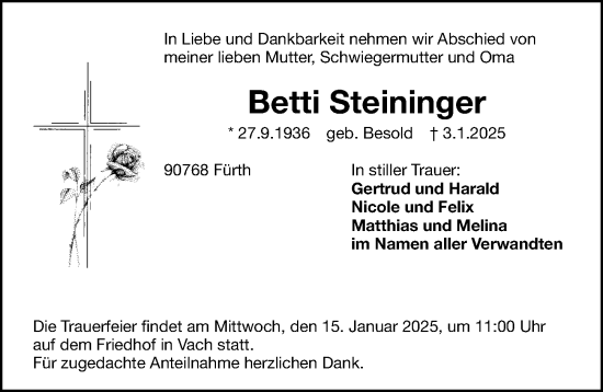 Traueranzeige von Betti Steininger von Fürther Nachrichten Lokal