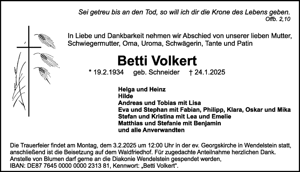  Traueranzeige für Betti Volkert vom 29.01.2025 aus Schwabacher Tagblatt Lokal
