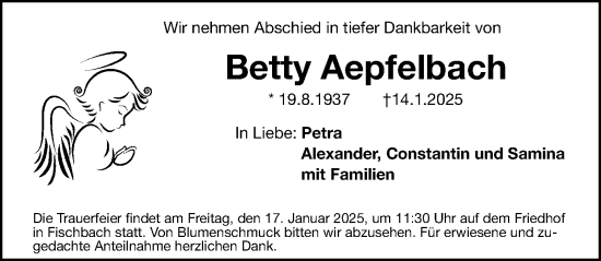 Traueranzeige von Betty Aepfelbach von Gesamtausgabe Nürnberger Nachrichten/ Nürnberger Ztg.