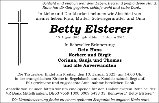 Traueranzeige von Betty Elsterer von Schwabacher Tagblatt Lokal