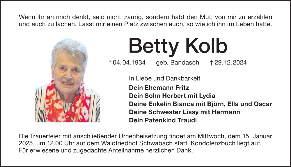  Traueranzeige für Betty Kolb vom 10.01.2025 aus Schwabacher Tagblatt Lokal