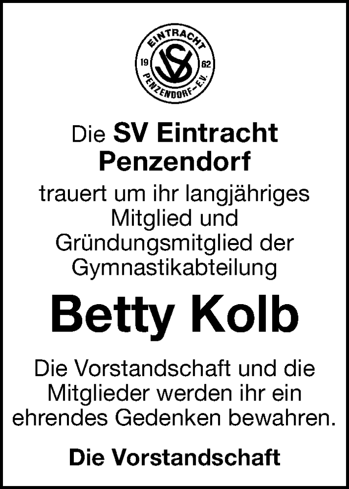  Traueranzeige für Betty Kolb vom 10.01.2025 aus Schwabacher Tagblatt Lokal
