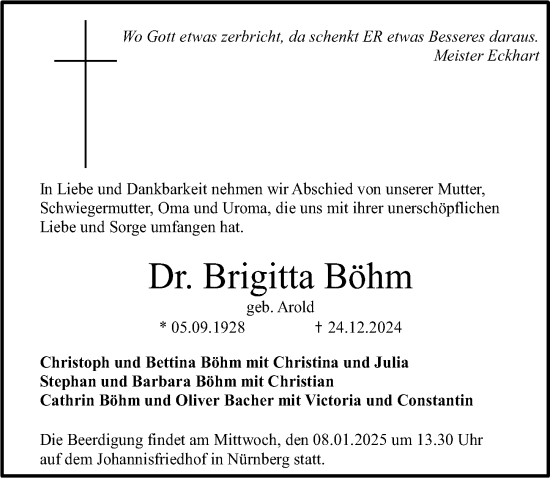 Traueranzeige von Brigitta Böhm von Gesamtausgabe Nürnberger Nachrichten/ Nürnberger Ztg.