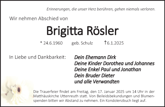 Traueranzeige von Brigitta Rösler von Erlanger Nachrichten Lokal