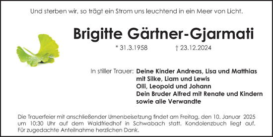 Traueranzeige von Brigitte Gärtner-Gjarmati von Schwabacher Tagblatt Lokal