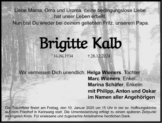 Traueranzeige von Brigitte Kalb von Gesamtausgabe Nürnberger Nachrichten/ Nürnberger Ztg.