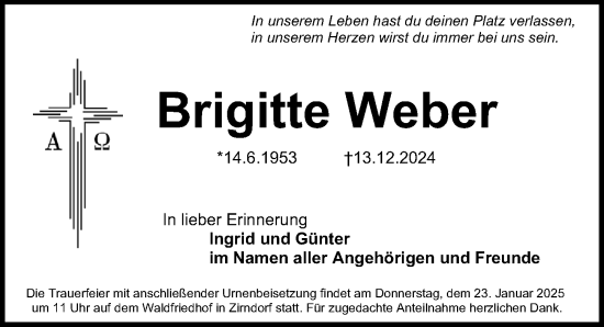 Traueranzeige von Brigitte Weber von Fürther Nachrichten Lokal