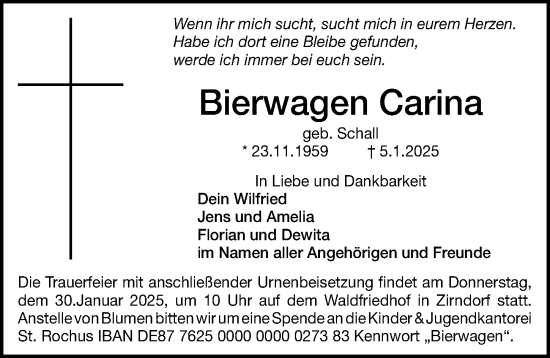 Traueranzeige von Carina Bierwagen von Gesamtausgabe Nürnberger Nachrichten/ Nürnberger Ztg.