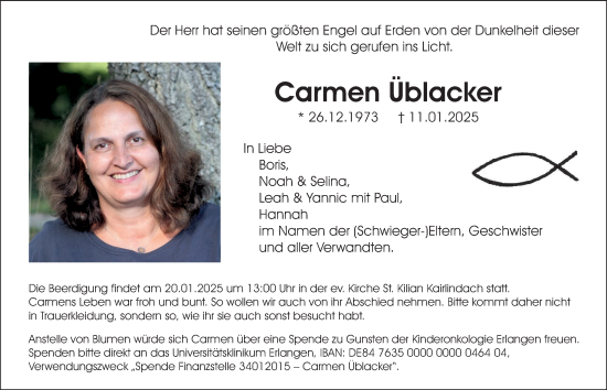 Traueranzeige von Carmen Üblacker von Erlanger Nachrichten Lokal