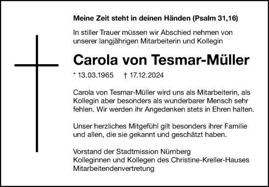 Traueranzeige von Carola von Tesmar-Müller von Gesamtausgabe Nürnberger Nachrichten/ Nürnberger Ztg.