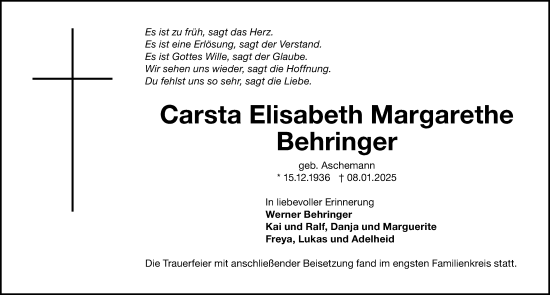 Traueranzeige von Carsta Elisabeth Margarethe Behringer von Gesamtausgabe Nürnberger Nachrichten/ Nürnberger Ztg.