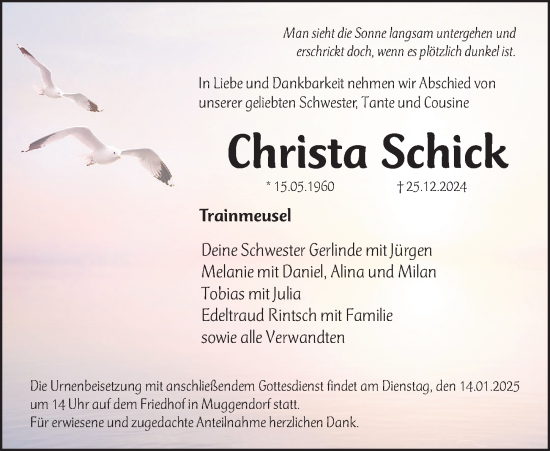 Traueranzeige von Christa Schick von Nordbayerische Nachrichten Forchheim Lokal