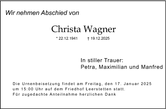 Traueranzeige von Christa Wagner von Gesamtausgabe Nürnberger Nachrichten/ Nürnberger Ztg.