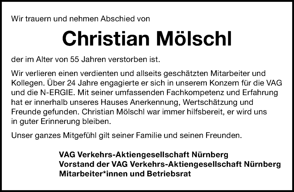  Traueranzeige für Christian Mölschl vom 09.01.2025 aus Gesamtausgabe Nürnberger Nachrichten/ Nürnberger Ztg.